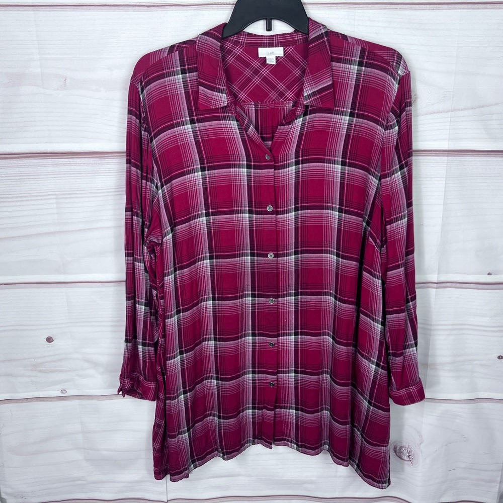 J Jill Top Womens 3X Red Plaid Tunic Shirt Button Up Pockets Collar Long Sleeve